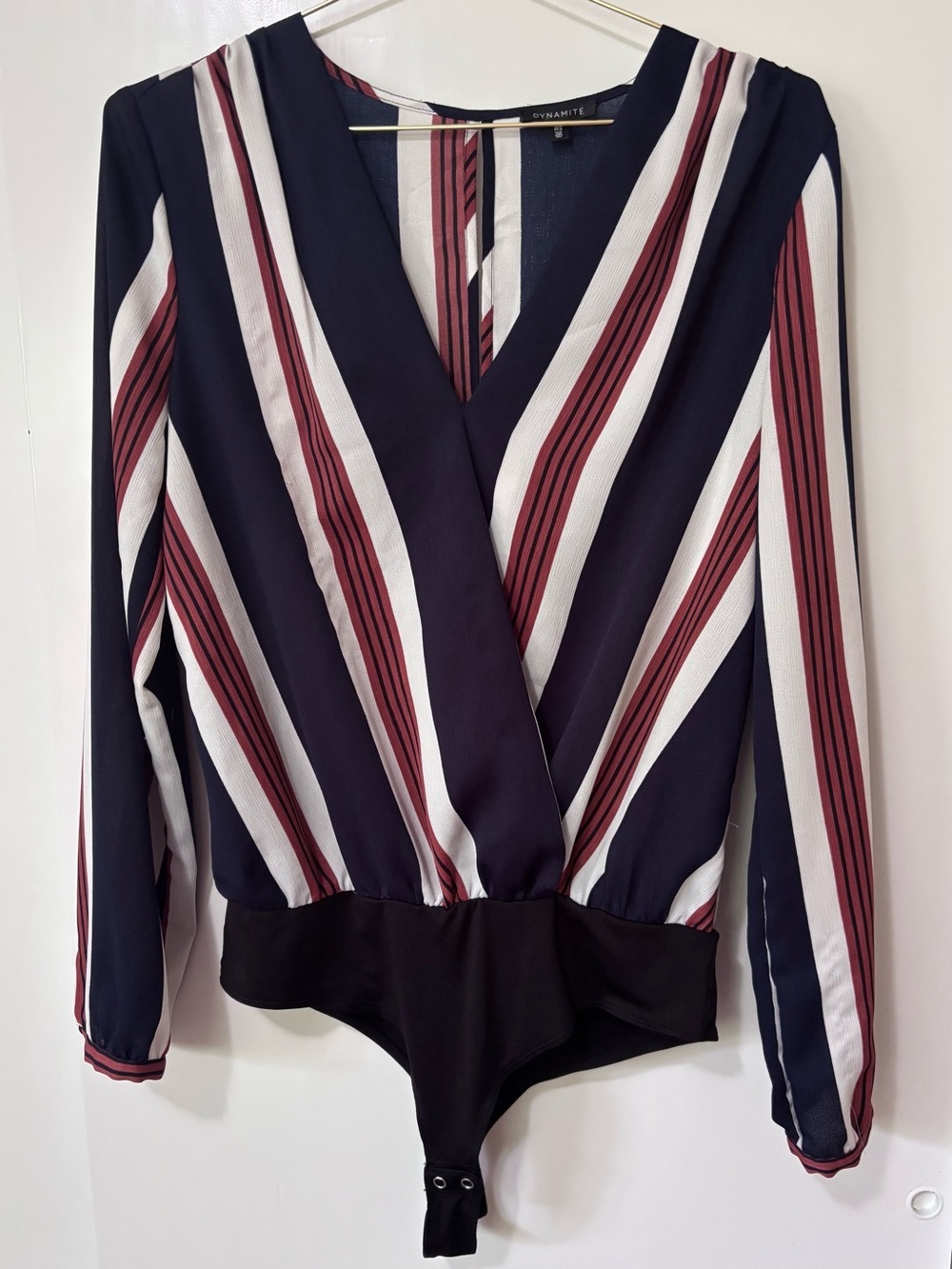 Dynamite| Navy, White & Brown Lightweight Striped Faux-Wrap Thong Bodysuit Sz S